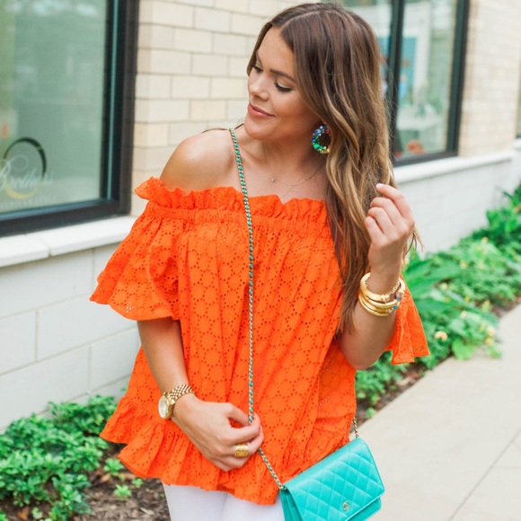 ASOS Orange Eyelet Off The Shoulder Ruffle Top - Picture 1 of 9